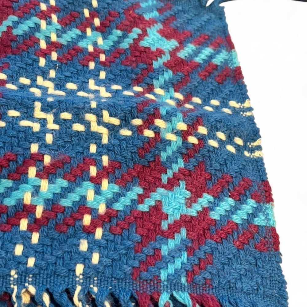 Oversized Plaid Blanket Scarf Blue Burgundy Fringe Cozy Fall Winter Wrap - Picture 6 of 6